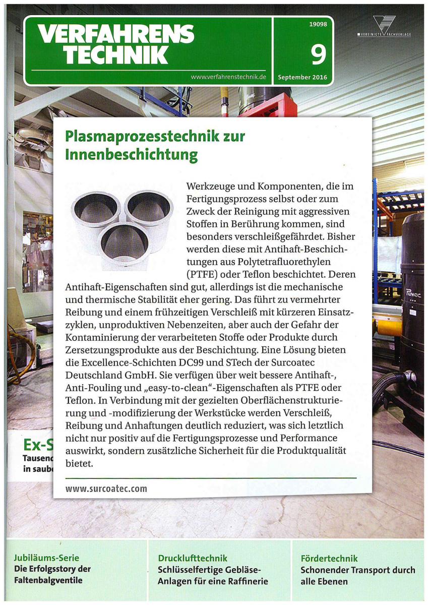 Plasmaprozesstechnik zur Innenbeschichtung in Fachzeitschrift "Verfahrenstechnik"